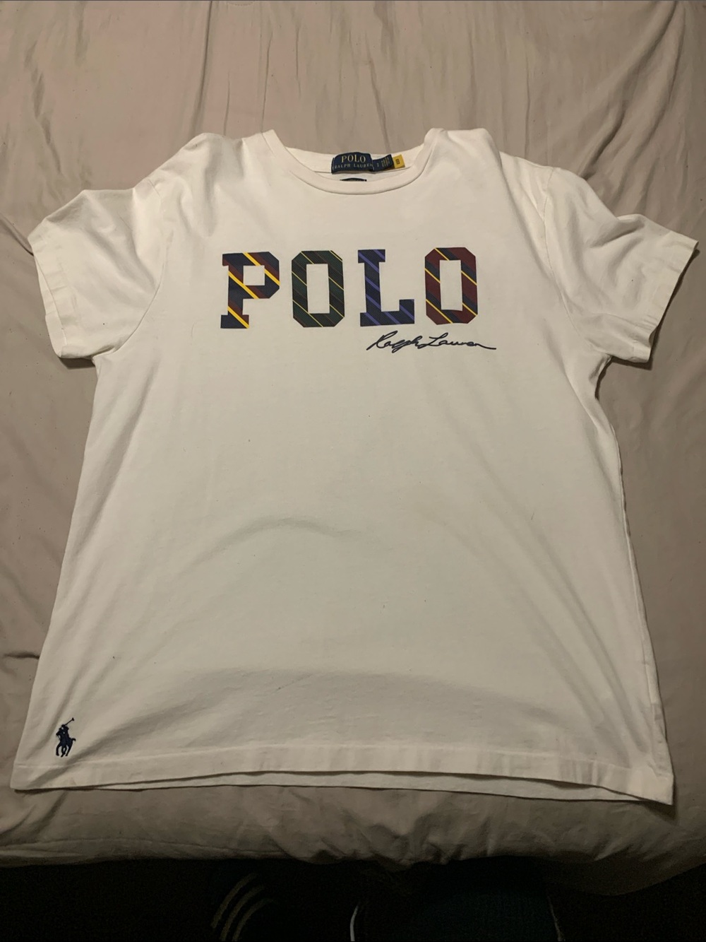 Polo by Ralph Lauren White Crewneck Tee with Multicolor POLO Graphic